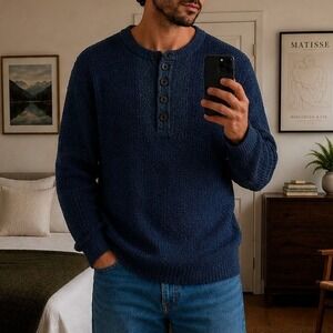 Vintage Mens Henley Sweater Large Blue Old Money Classic Preppy Heritage